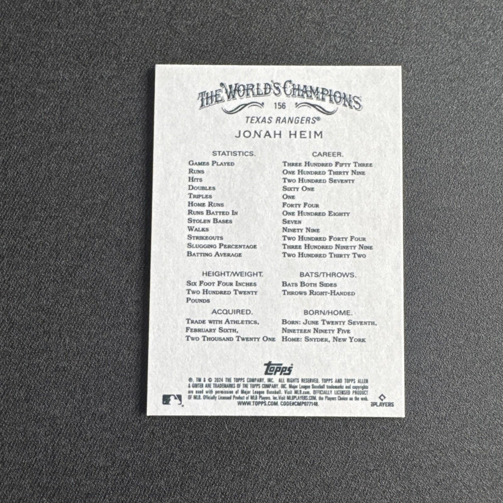 2024 Topps Allen & Ginter - Jonah Heim #156