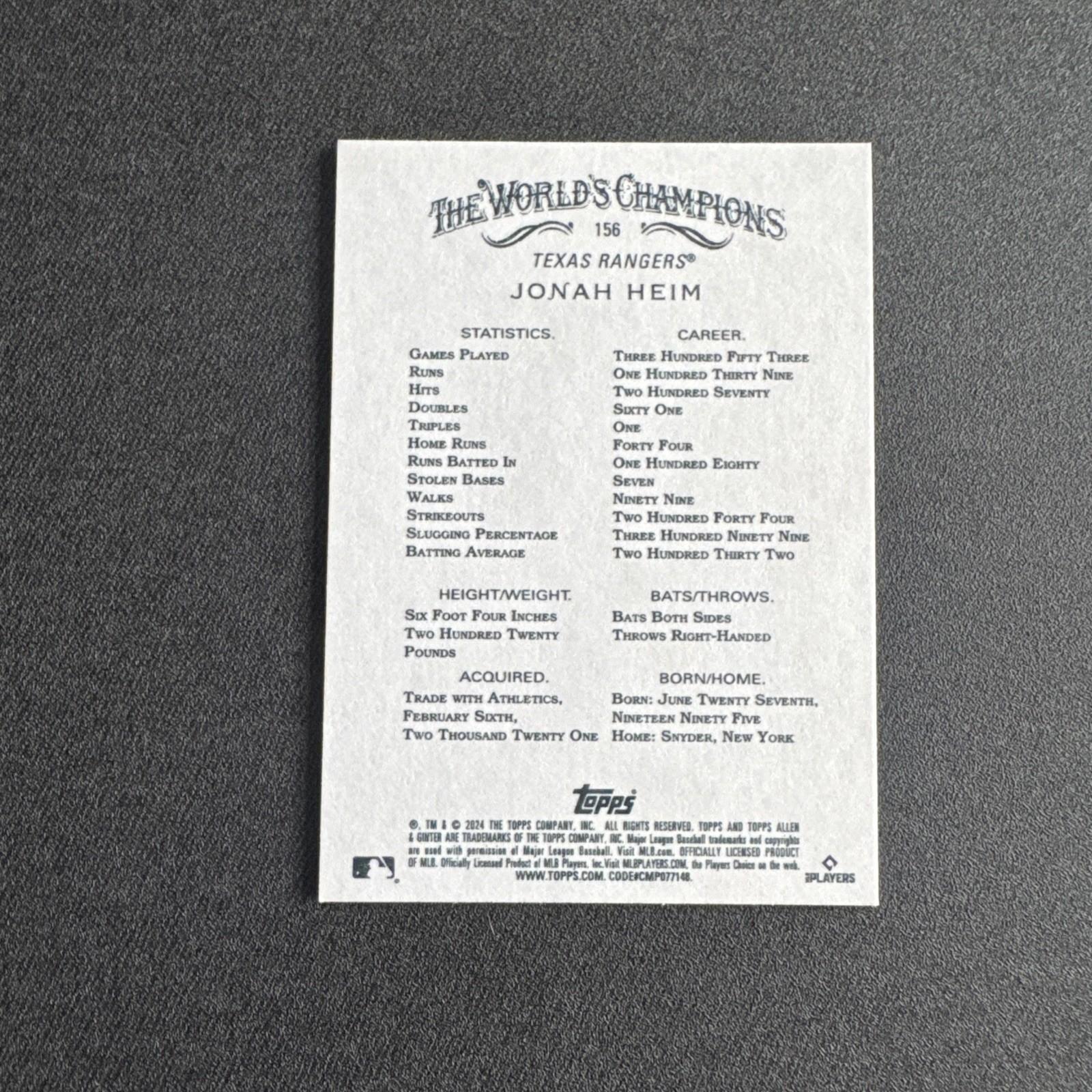2024 Topps Allen & Ginter - Jonah Heim #156