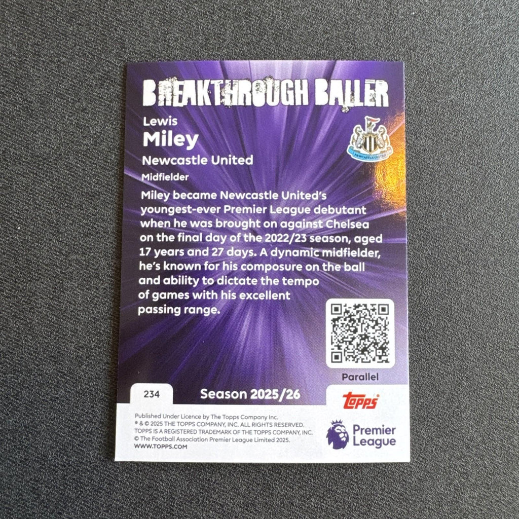 25/26 Lewis Miley /299 Breakthrough Baller Topps Premier League Newcastle Utd