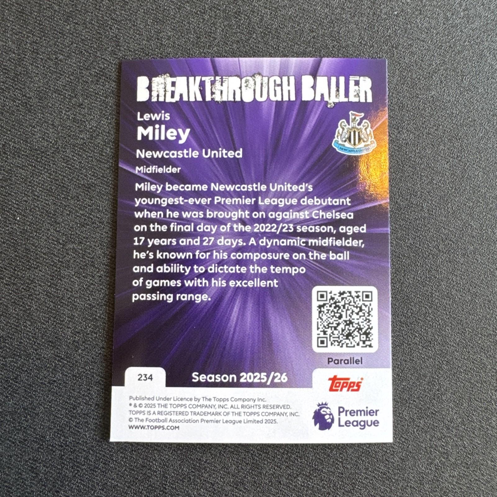 25/26 Lewis Miley /299 Breakthrough Baller Topps Premier League Newcastle Utd